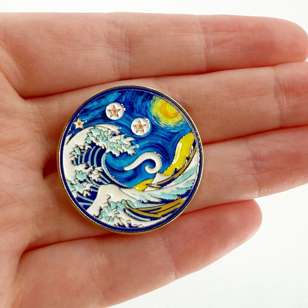 Great Wave Starry Night Art Soft Enamel Pin Ocean Japanese Lapel Badge